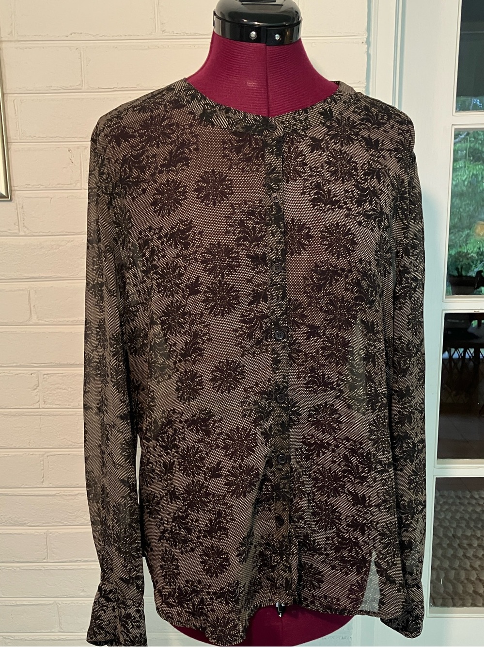 W.G.B. Walter Baker Sheer Black Floral Button Front Blouse Size M